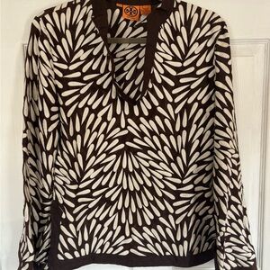 Tory Burch Brown and Cream V-Neck Long Sleeve Patterned Top